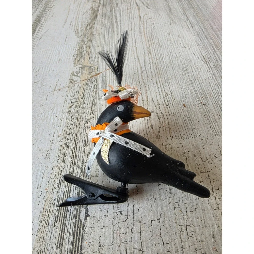 vintage Crow Halloween clip ornament feather shabby chic unique Xmas tree